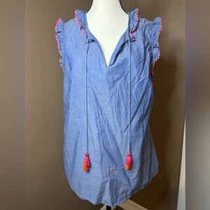 Boden Laurie Ruffle Tassel Sleeveless Top in a light blue chambray.